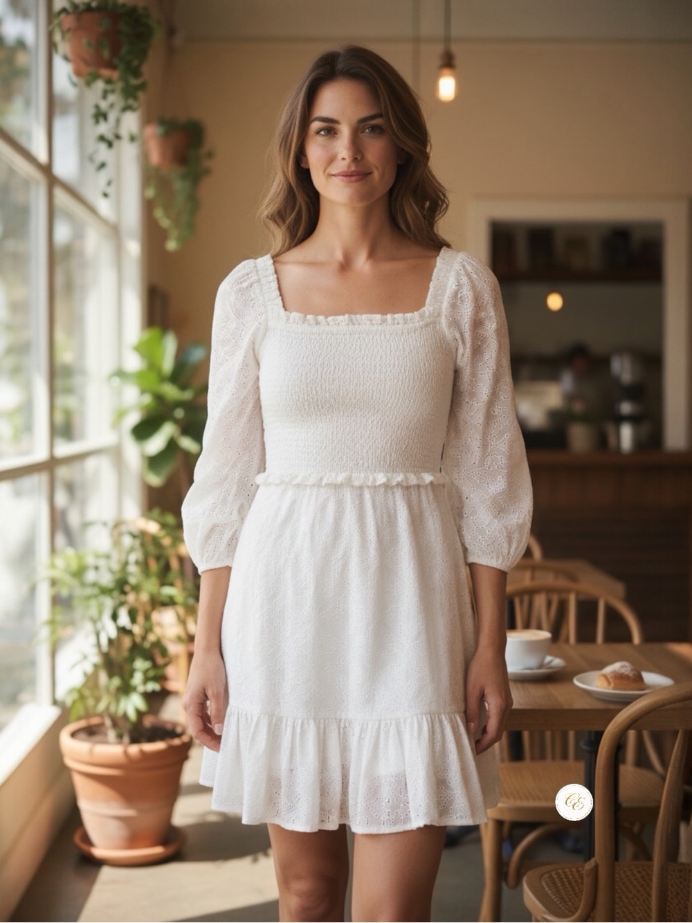 Veronica Beard White Eyelet Smocked Mini Dress | Square Neck | Size 4